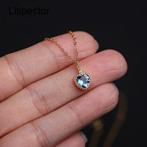 925 Silver Sea Zircon Heart Pendant Necklace Crystal Female Jewelry