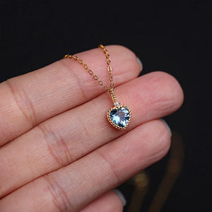 925 Silver Sea Zircon Heart Pendant Necklace Crystal Female Jewelry