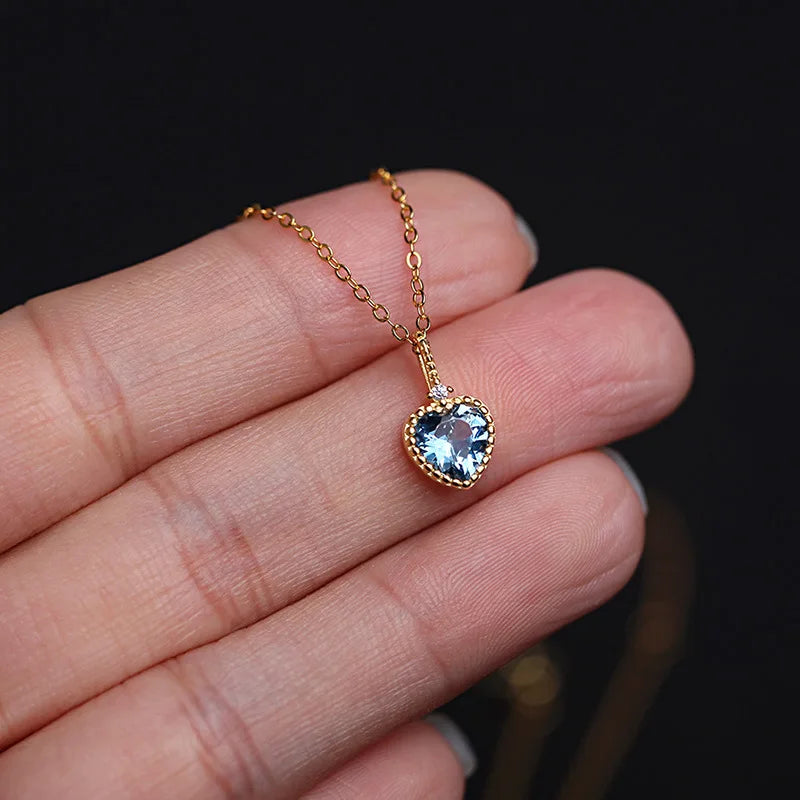 925 Silver Sea Zircon Heart Pendant Necklace Crystal Female Jewelry