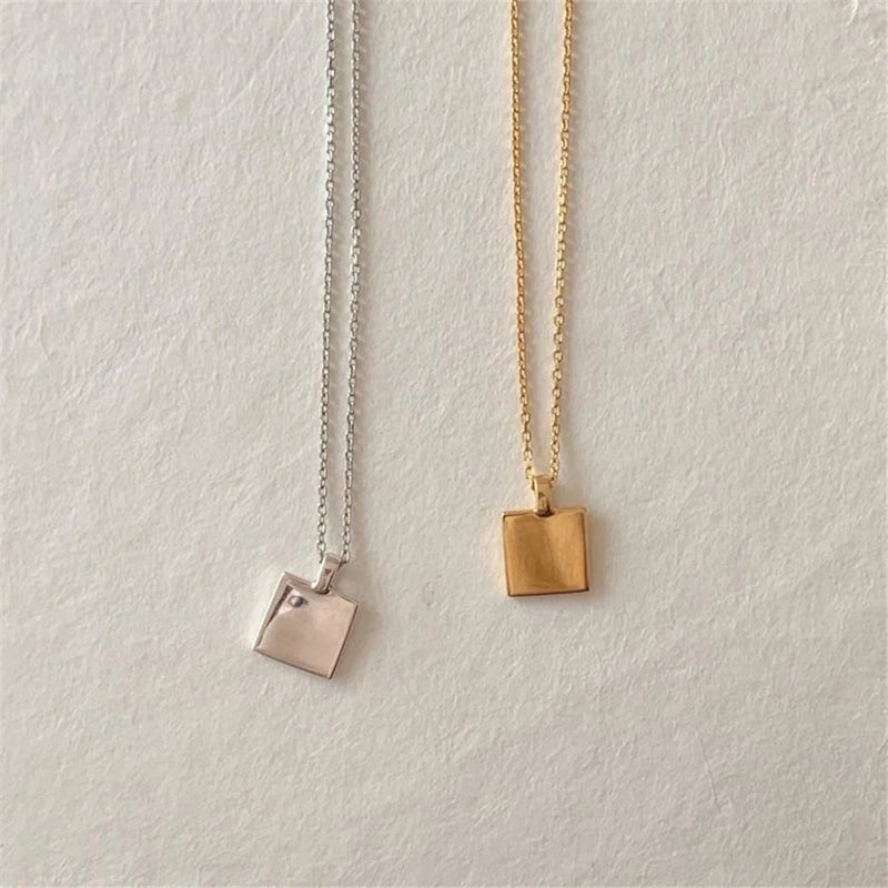 925 Silver Square Pendant Necklace Women Clavicle Chain Female Jewelry