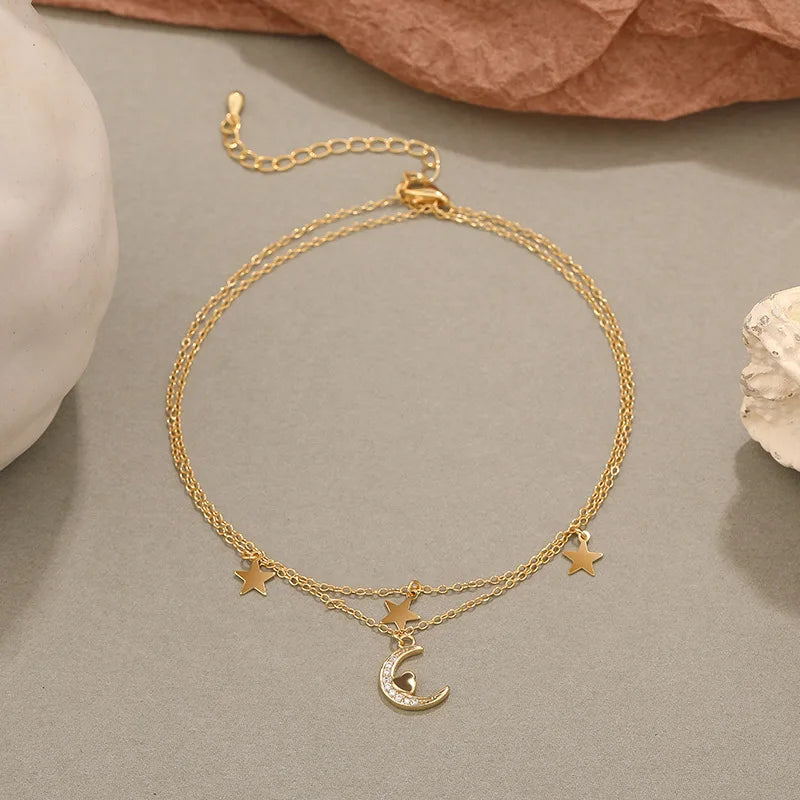 925 Silver Vintage Zircon Moon Heart Stars Charm Anklet Foot Jewelry