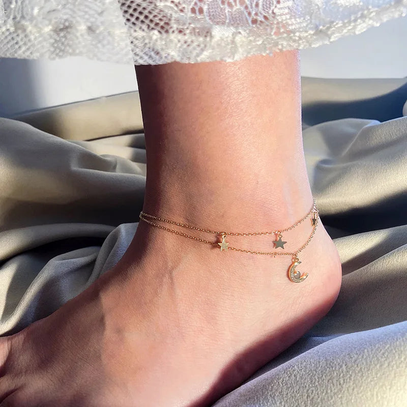 925 Silver Vintage Zircon Moon Heart Stars Charm Anklet Foot Jewelry