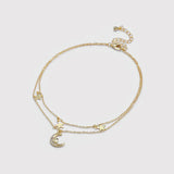 925 Silver Vintage Zircon Moon Heart Stars Charm Anklet Foot Jewelry