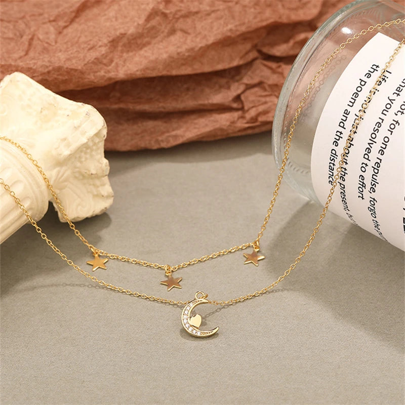 925 Silver Vintage Zircon Moon Heart Stars Charm Anklet Foot Jewelry