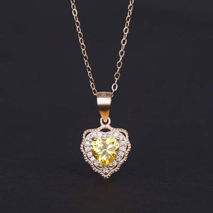 925 Silver Yellow Crystal Heart Pendant Necklace Women Jewelry