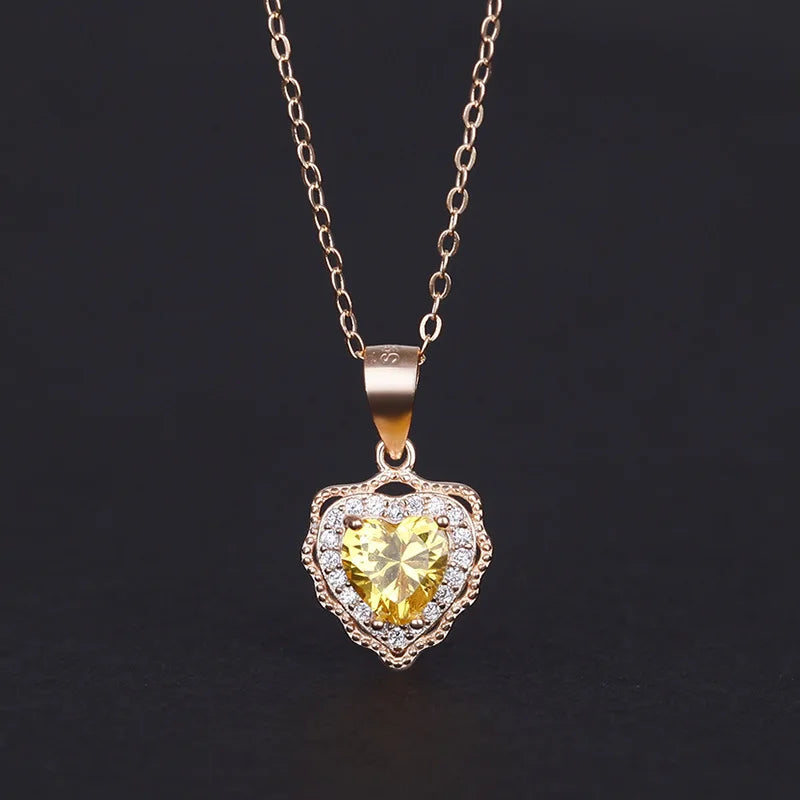 925 Silver Yellow Crystal Heart Pendant Necklace Women Jewelry