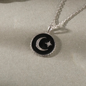 925 Silver Crescent Moon Star Pendant Necklace Enamel Jewelry