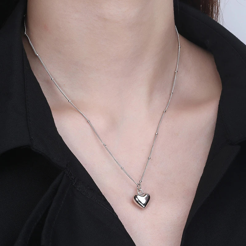 925 Silver Love Heart Pendant Necklace Bead Chain Couple Gift