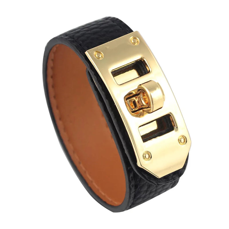Litchi Pattern Single Circle Glossy Button PU Bracelet Bangle