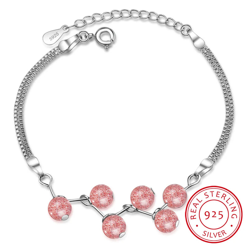 Literary Feather Strawberry Crystal 925 Sterling Silver Sweet Bracelets