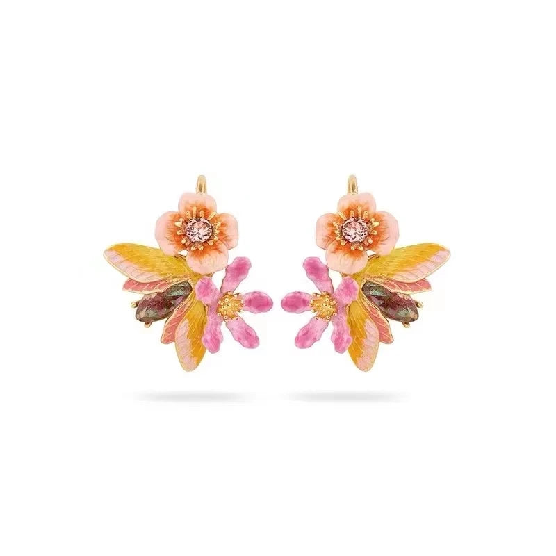 3D Grape Manor Butterfly and Flower Drop Earrings with Enamel Studs