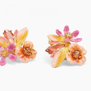 3D Grape Manor Butterfly and Flower Drop Earrings with Enamel Studs