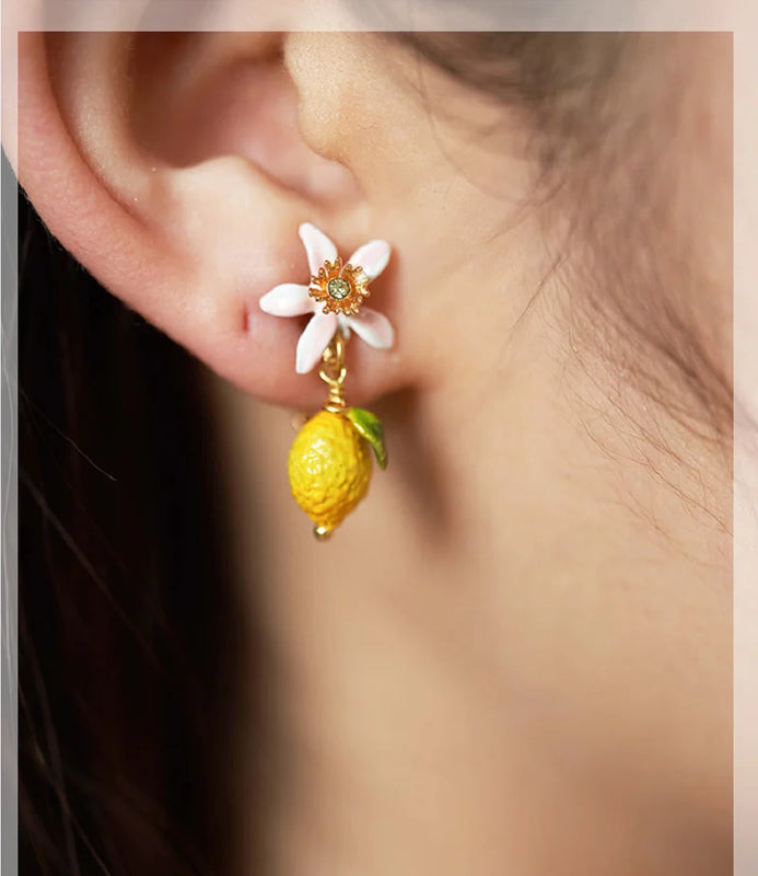 3D Lemon Fruit Drop Earrings with Enamel Ear Stud