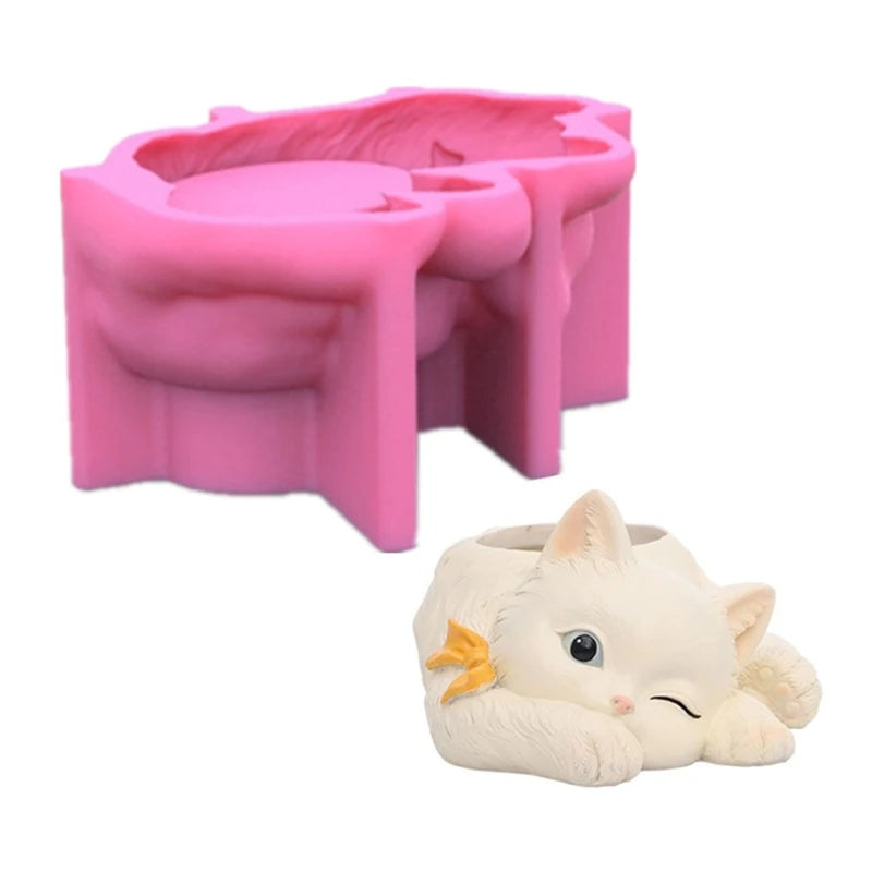 Cat Gypsum Silicone Mold for DIY Succulents Concrete Flower Pot Vase