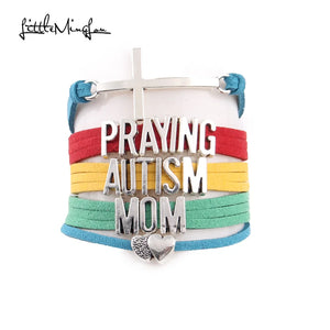 Cross Praying Autism Mom Bracelet Heart Charm Leather Wrap Men Awareness