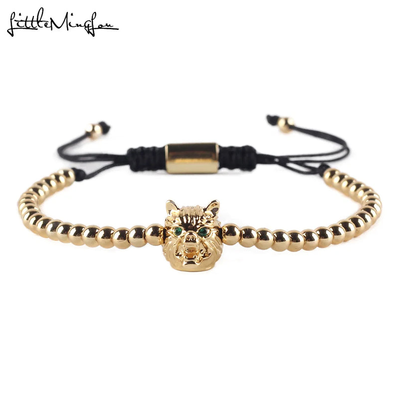 Green Cubic Zirconia Wolf Charm Copper Beads Macrame Men Bracelet