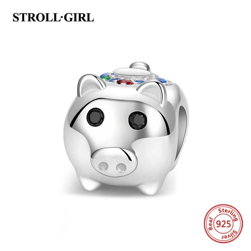 Colorful Zircon Pig Charms 925 Silver Bracelet for Women