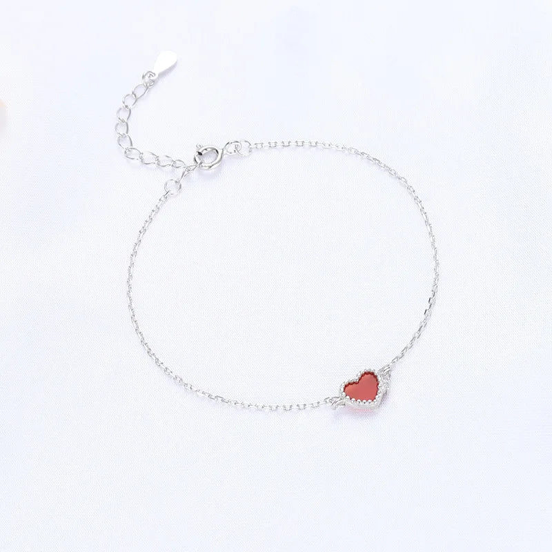 Red Agate Heart Bracelet - Sterling Silver Inlaid