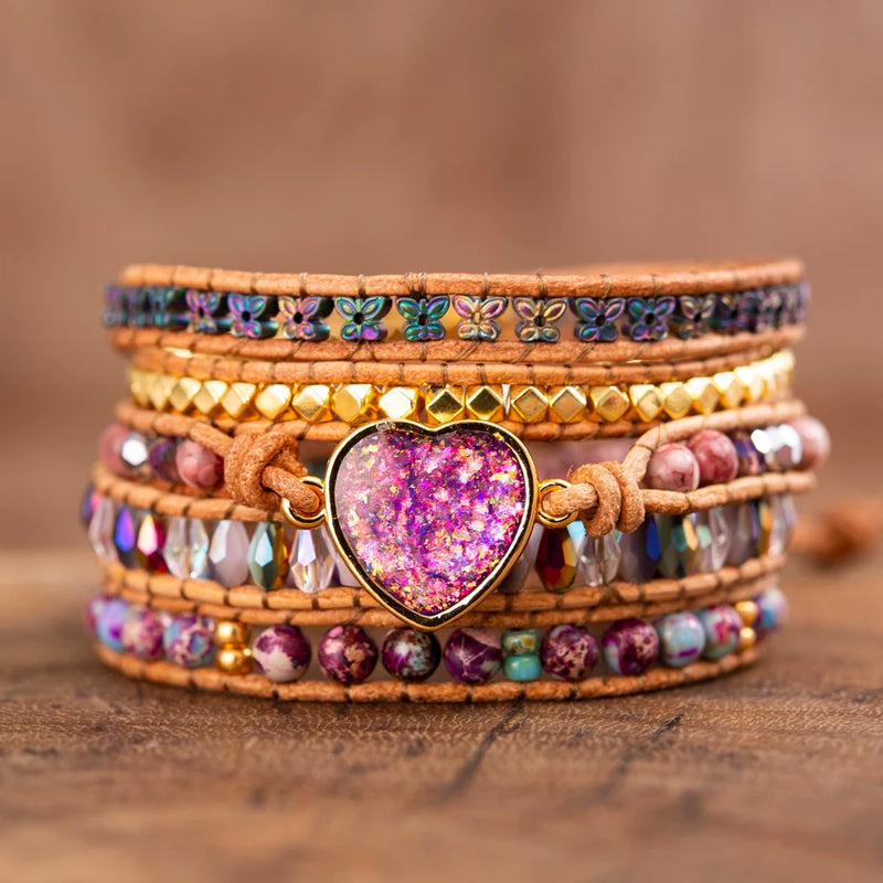 Opal Heart Bracelet for Girls - Leather Beaded Bangle