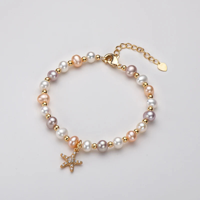 14K Freshwater Pearl Starfish Charm Bracelet Women Jewelry