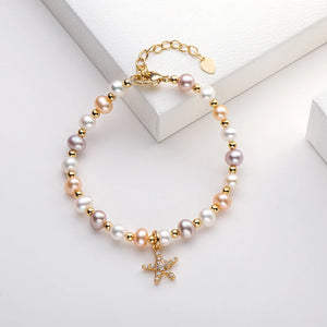 14K Freshwater Pearl Starfish Charm Bracelet Women Jewelry