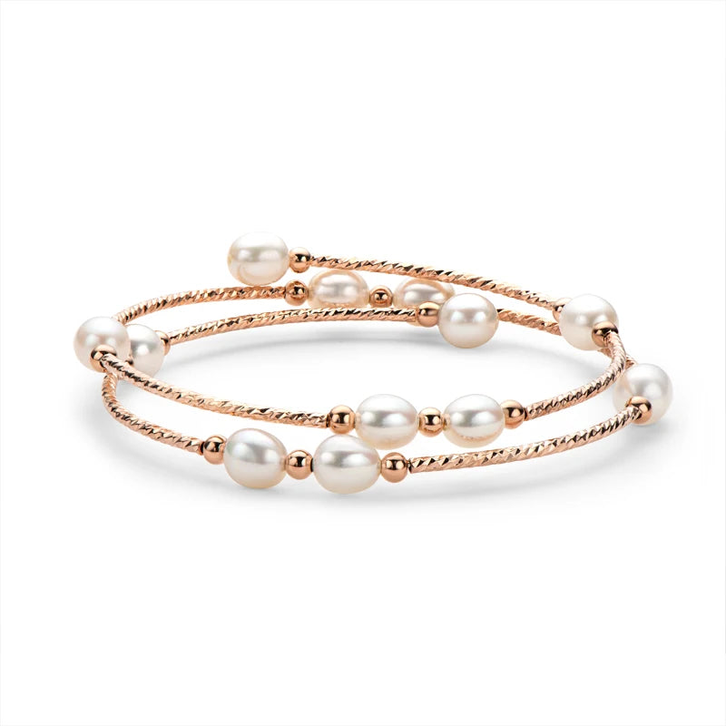 14K Filled Bilayer Bracelet Natural Pearls Bangle Women Jewelry