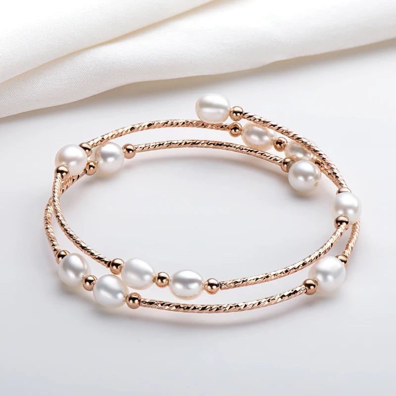 14K Filled Bilayer Bracelet Freshwater Pearls Twisted Bangle