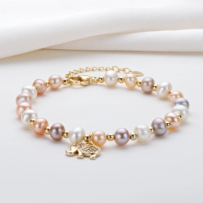 14K Filled Bracelet Natural Freshwater Pearl Elephant Charm Women Gift