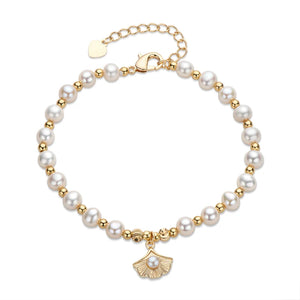 14K Filled Ginkgo Leaf Bracelet with Freshwater Pearl Charm - Birthday Jewelry