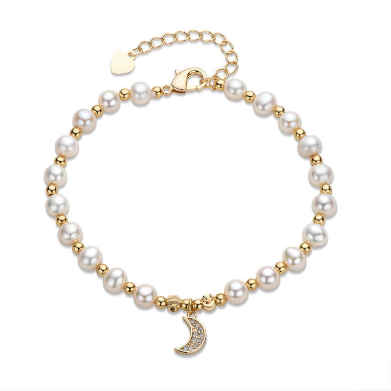 14K Filled Moon Charm Bracelet for Women with Natural Freshwater Pearls