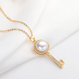 Vintage Skeleton Key Necklace 14K Filled 9.5-10mm Natural Pearl Women Jewelry