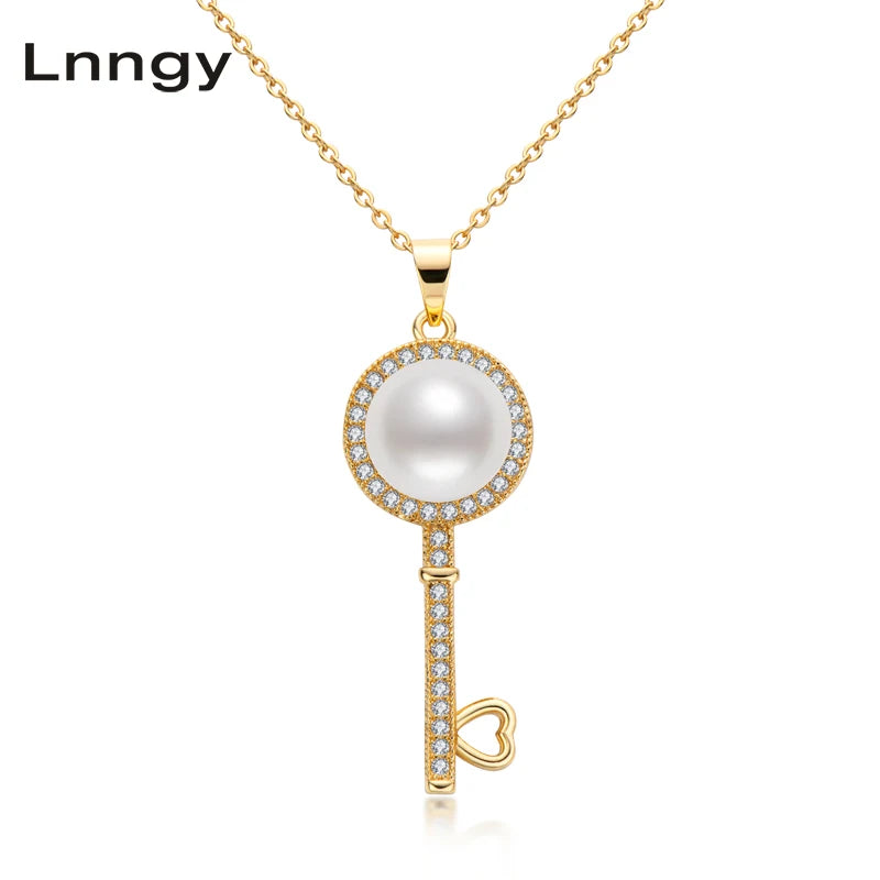 Vintage Skeleton Key Necklace 14K Filled 9.5-10mm Natural Pearl Women Jewelry