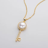 Vintage Skeleton Key Necklace 14K Filled 9.5-10mm Natural Pearl Women Jewelry