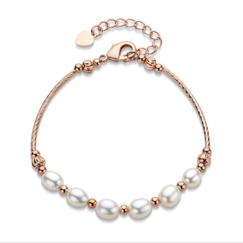14K Filled Pearl Bracelet 6-7mm Freshwater Pearl Rose Chain Bracelet