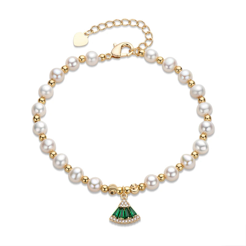 Natural Freshwater Pearl Bracelet 14K Filled Green CZ Charm Bracelet