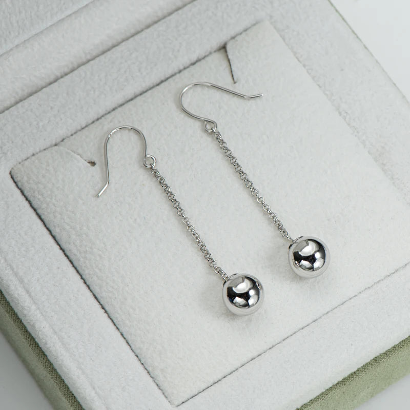 8mm Silver Beads Dangle Drop Earrings Sterling Silver High Finish Hooks