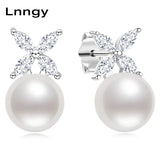 925 Silver 4-leaf Clover CZ Earrings Pearl Birthday Gift