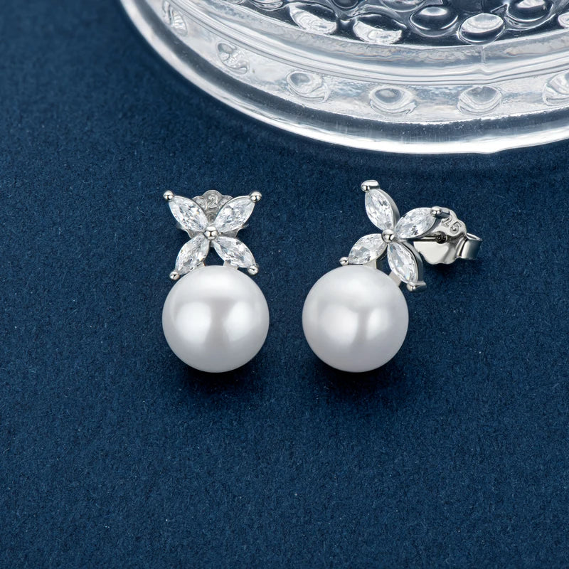 925 Silver 4-leaf Clover CZ Earrings Pearl Birthday Gift