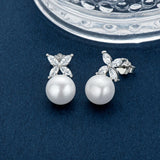 925 Silver 4-leaf Clover CZ Earrings Pearl Birthday Gift