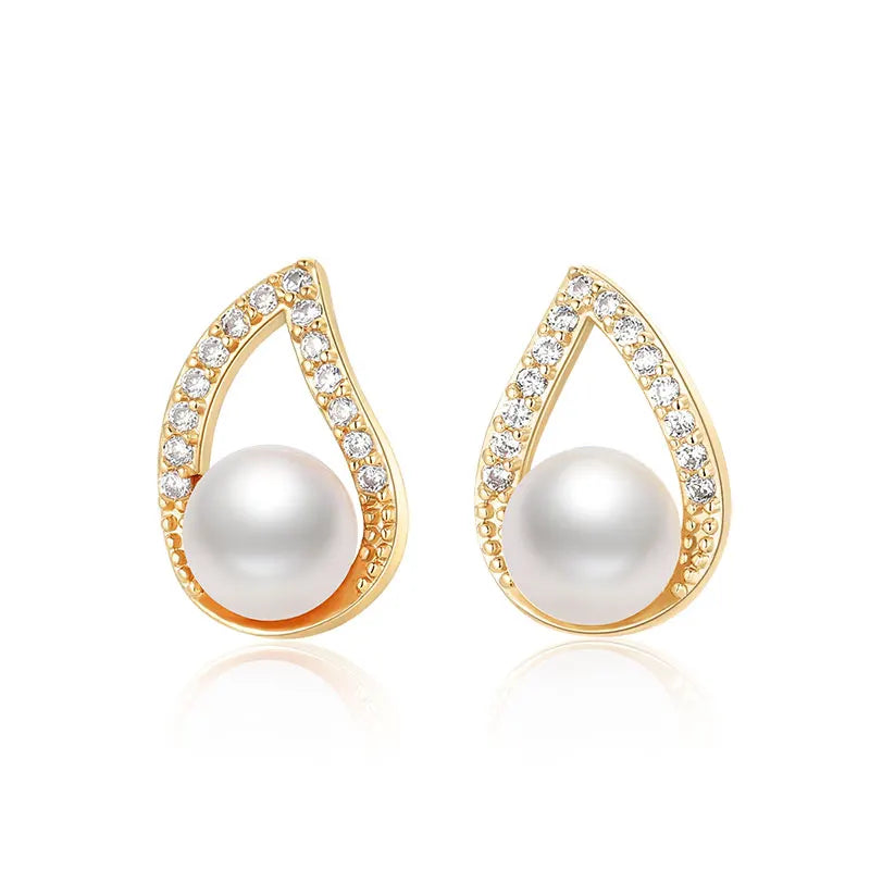 14K Plate Earring Stud 6-6.5mm Natural Cultured Freshwater Pearls for Women