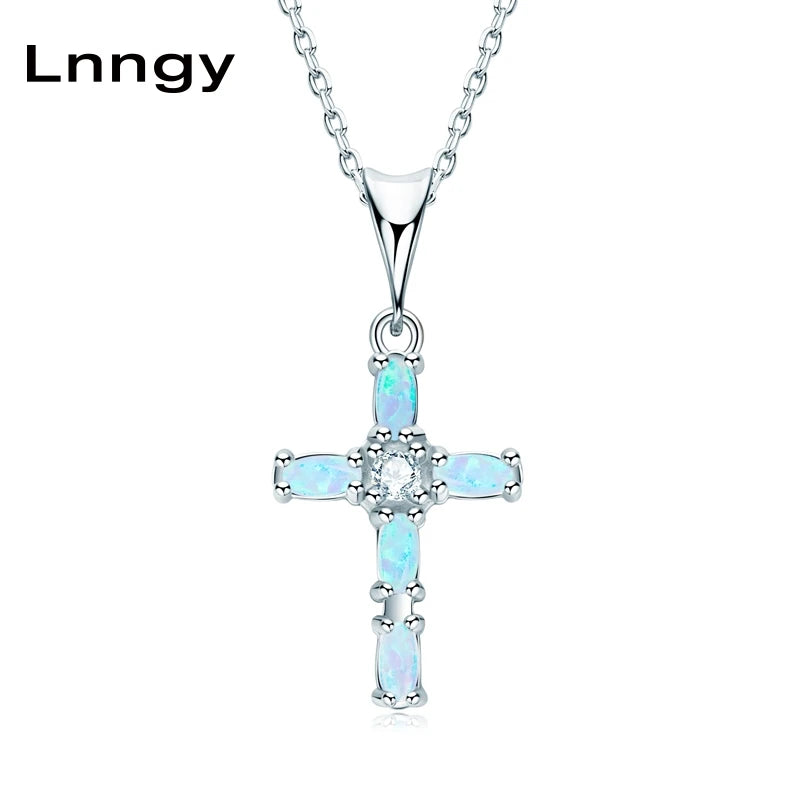 Opal Cross Pendant Necklace in Sterling Silver Marquise Cut Gemstone