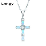 Opal Cross Pendant Necklace in Sterling Silver Marquise Cut Gemstone