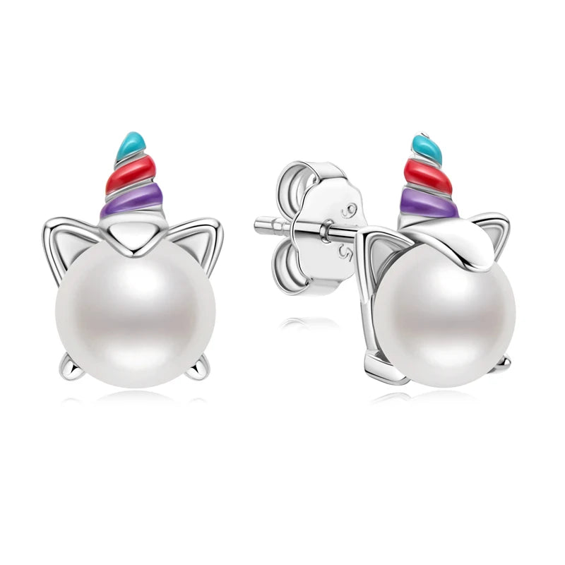 Unicorn Earrings Sterling Silver 6mm Natural Pearl Women Jewelry