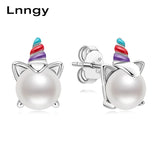Unicorn Earrings Sterling Silver 6mm Natural Pearl Women Jewelry