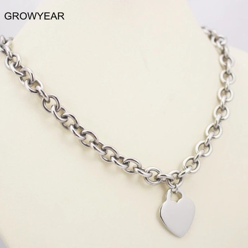 Plain Silvery Heart Charm Chain Necklace Stainless Steel Women Jewelry