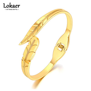 18K Plated Leaves Charm Bangles for Women Titanium Stainless Steel Party Jewelry