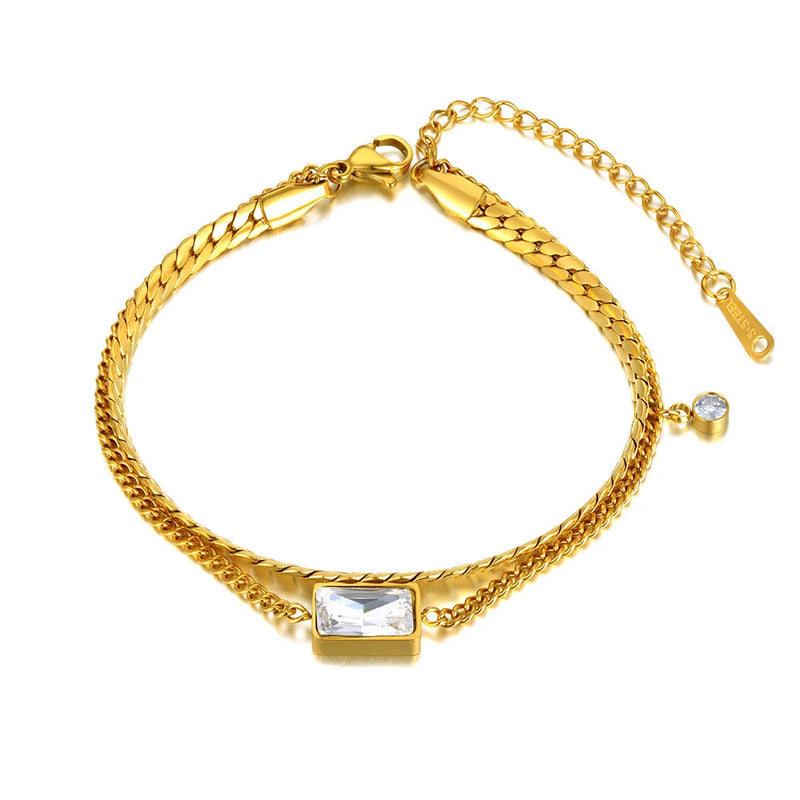 18K Plated Double Layer Stainless Steel CZ Crystal Charm Bracelet