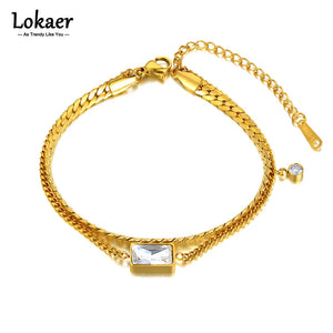 18K Plated Double Layer Stainless Steel CZ Crystal Charm Bracelet