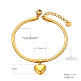 Heart Charm Bracelet 18K Plated Stainless Steel Snake Chain Jewelry