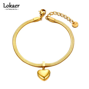 Heart Charm Bracelet 18K Plated Stainless Steel Snake Chain Jewelry